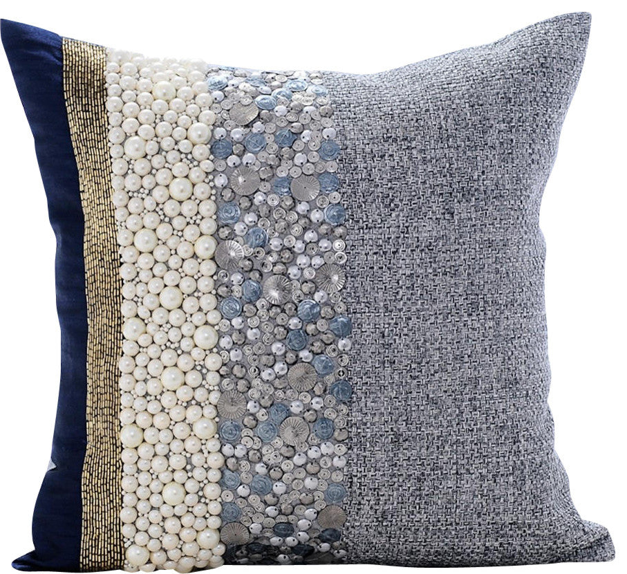 Throw Pillow Covers 22" x 22" Cushion Cover Blue Cotton Abstract- Navy Pearlized