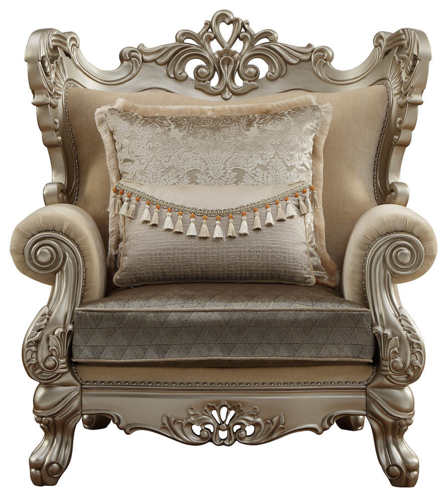 44" X 47" X 50" Upholstery Wood Leg/Trim Chair, 2 Pillows Fabric and Champagne
