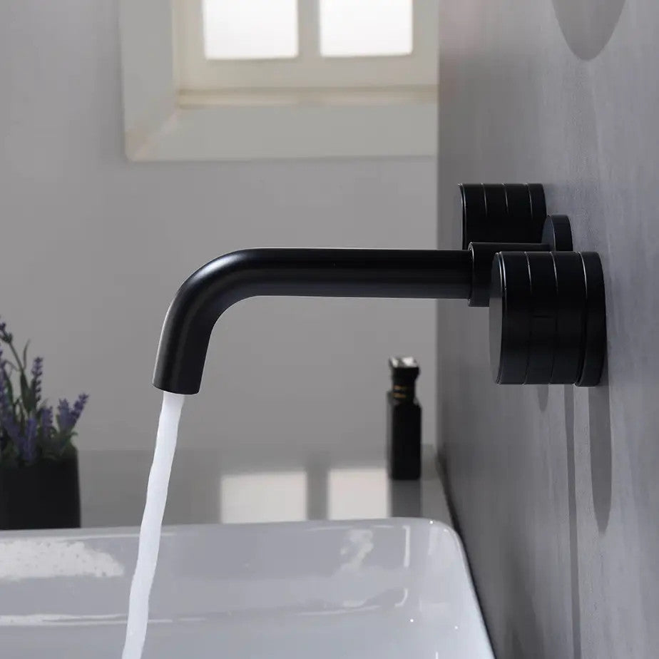 Double Handle Wall Mounted Brass Bathroom Faucet, Matte Black