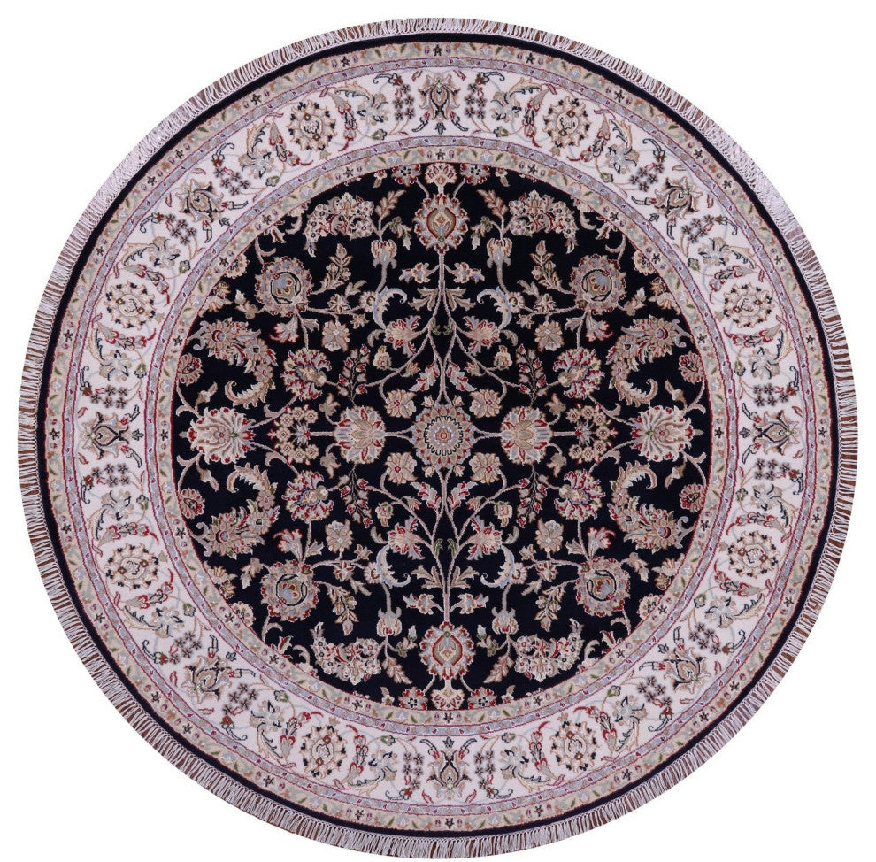 7' Round Persian Nain Wool & Silk Handmade Rug - Q14719