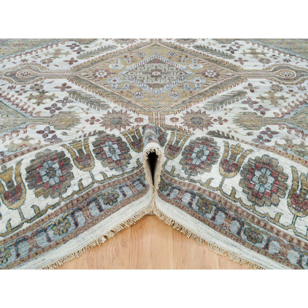 Smoky White Hand Knotted Unique Flower Rosettes Border Square Rug 13'11"x13'11"