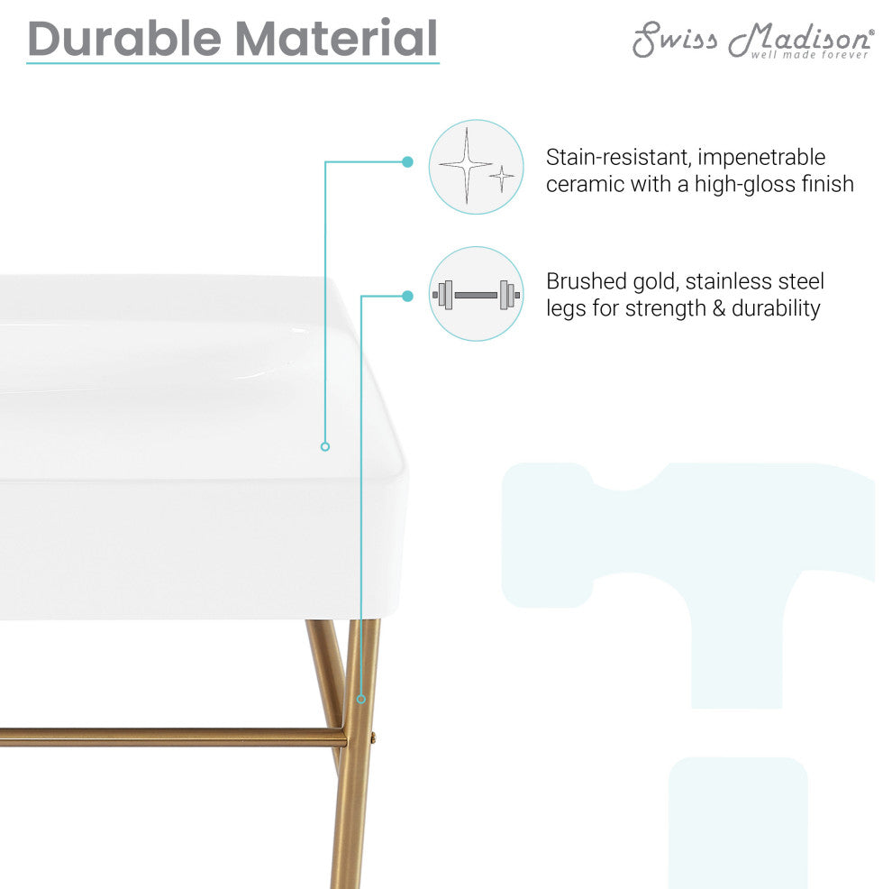 Carre 36" Ceramic Console Sink White Basin Gold Legs, Brushed Gold