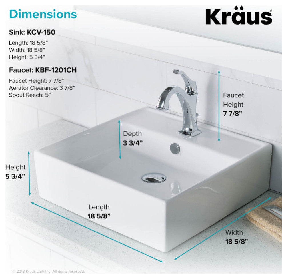 Elavo Square Ceramic Vessel Sink, Bathroom Arlo Faucet, Drain, Chrome