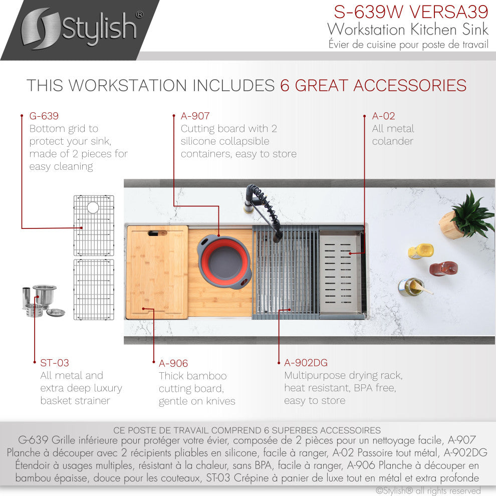 STYLISH 39"x19" Stainless Steel Single Bowl Undermount Workstation Kitchen Sink