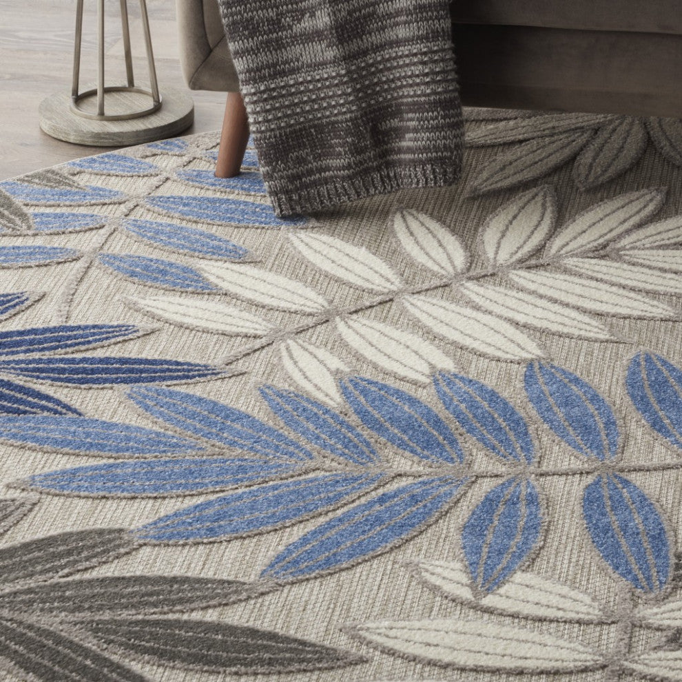 8 Round Gray and Blue Leaves Indoor Outdoor Area Rug