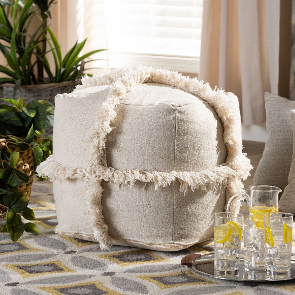 Modern Moroccan Inspired Beige Handwoven Cotton Fringe Pouf Ottoman