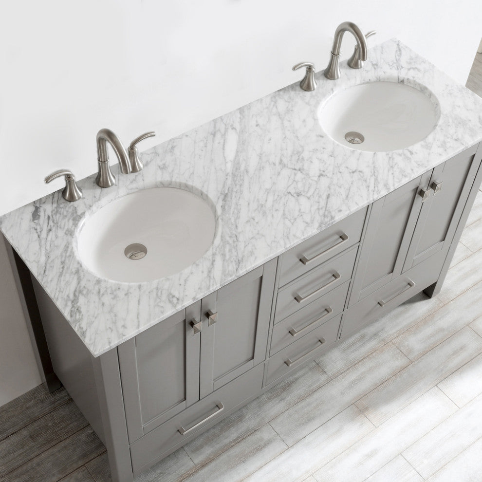 60" Double Vanity in Grey with Carrara White Marble Countertop Without Mirror