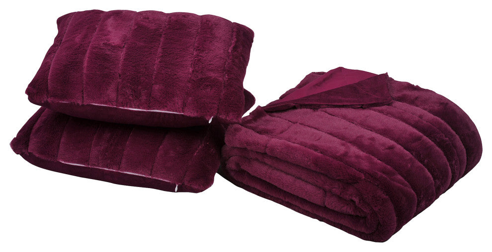 BOON Rabbit Jumbo Fur Throw and Pillow, 3-Piece Set, Burgundy