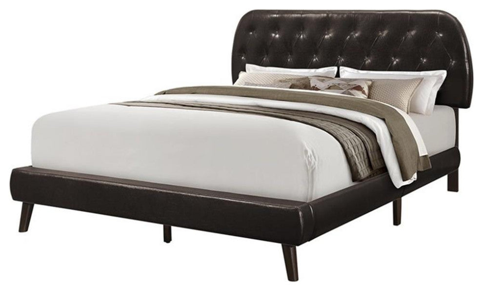 Bed, Queen Size, Platform, Frame, Upholstered, Pu Leather Look, Wood Legs, Brown