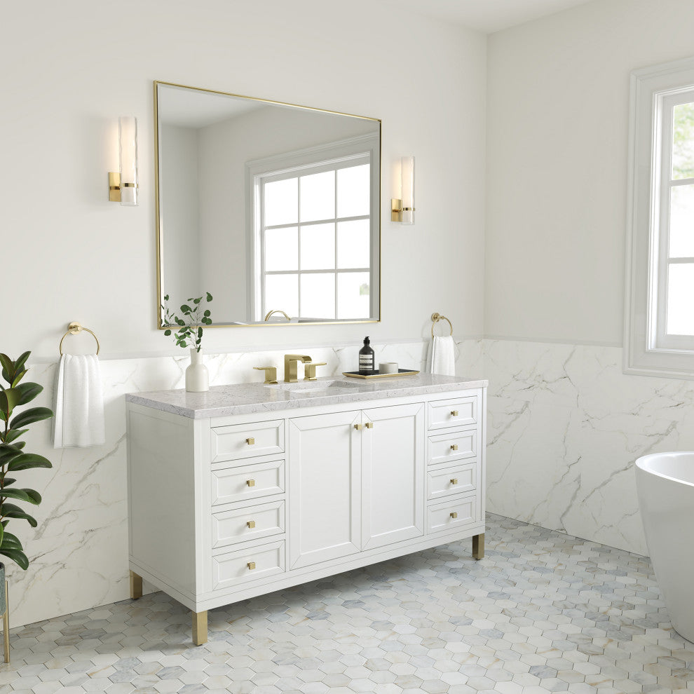 Chicago 60" Single Vanity, Glossy White, Eternal Jasmine Pearl Quartz