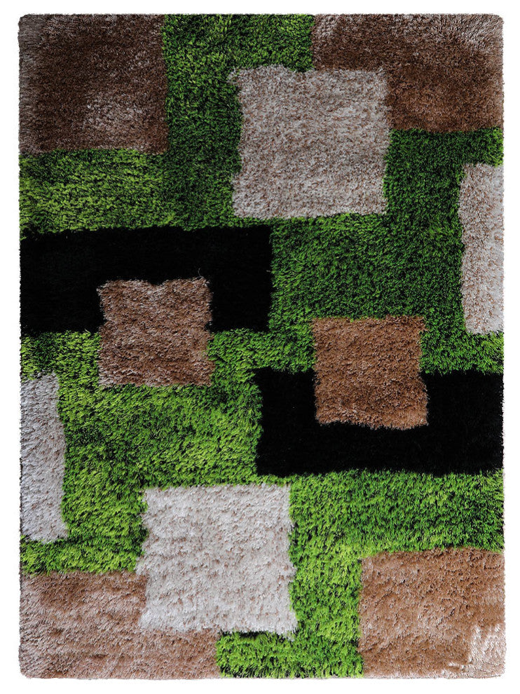 Hand Tufted Shag Polyester Area Rug Geometric Green Beige, [Rectangle] 9'x12'