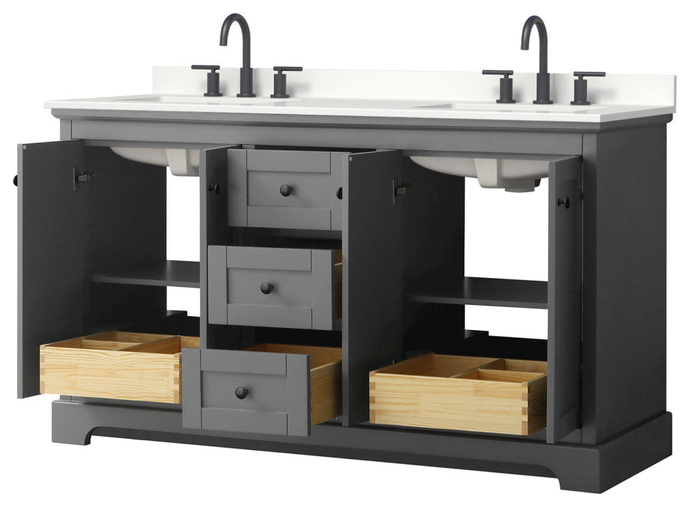 Avery 60" Dark Gray Double Vanity, White Quartz Top (3-Hole), Black Trim