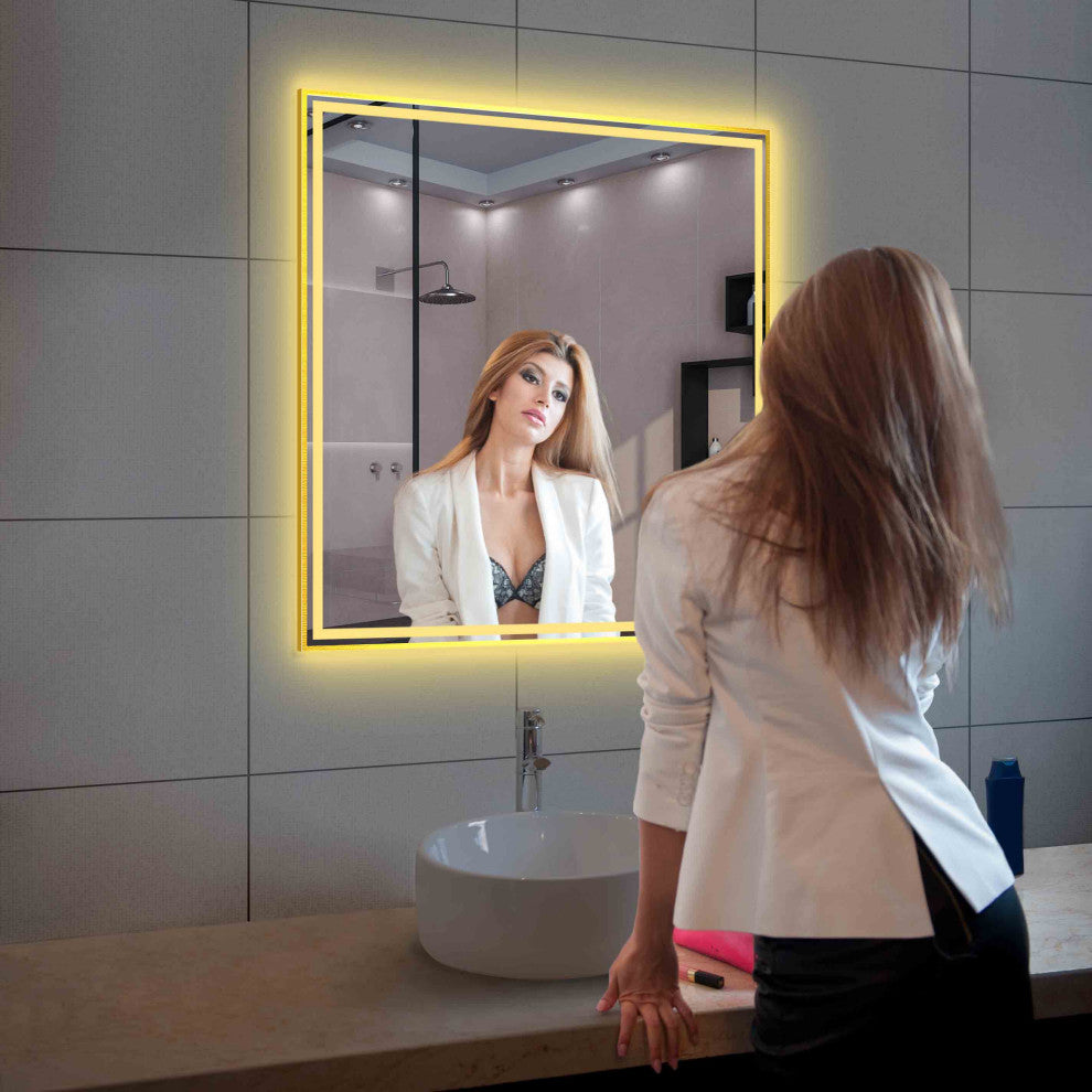 Fogless, Dimmable, Color Temperature Adjustable LED Mirror, Brush Gold, 36x36