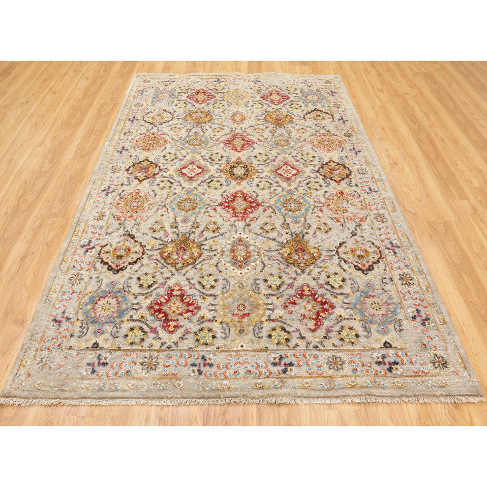 THE SUNSET ROSETTES Wool And Pure Silk Hand Knotted Oriental Rug, 6'1"x9'0"