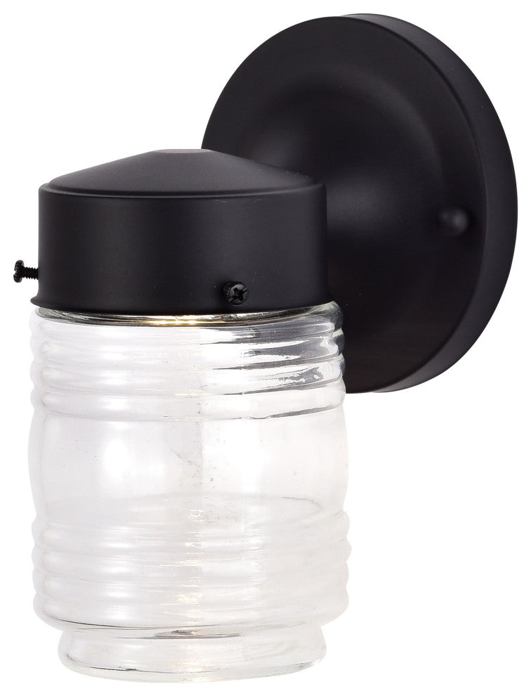 8W 1-Light Porch Wall, Mason Jar 3K, Black Finish With Clear Glass