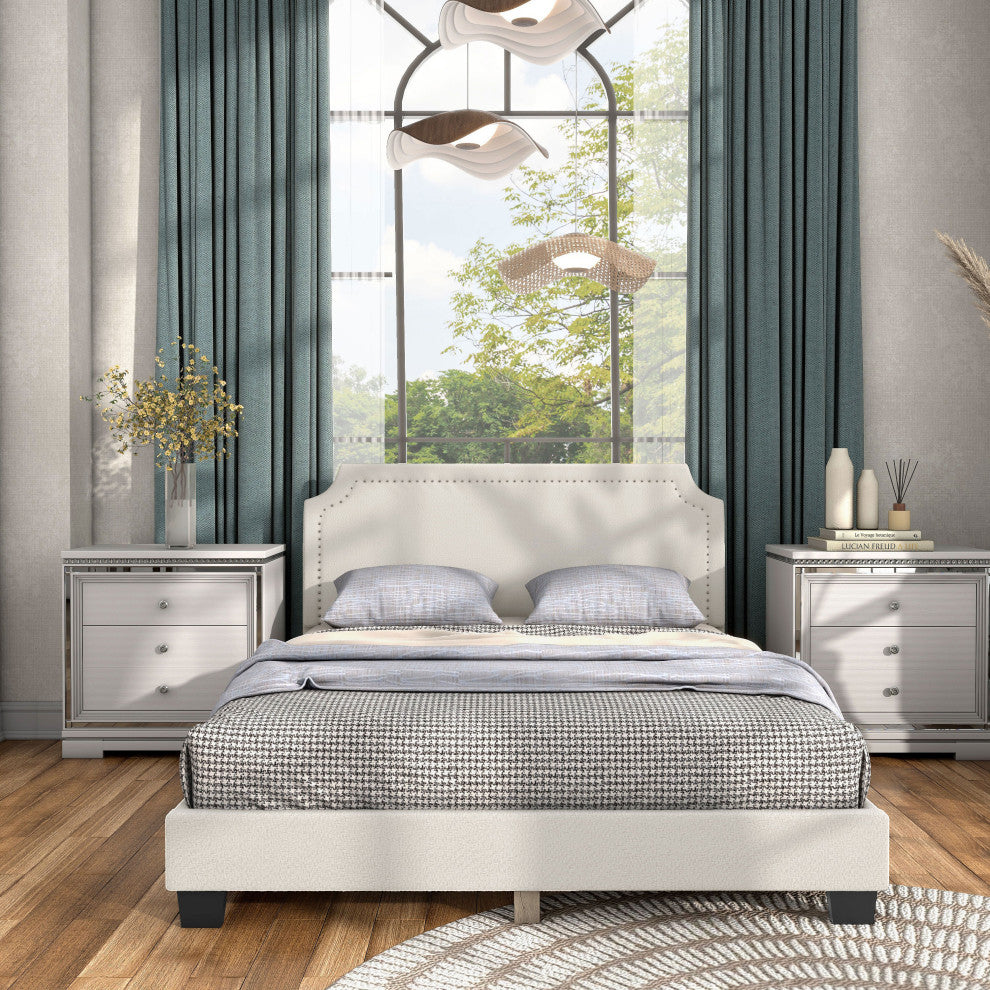 Miles White Boucle Upholstered Wood Frame Platform Bed, Queen, Naihead Trim