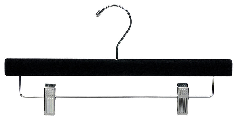 Wooden Bottom Hanger With Clips, Black Velvet/Chrome, Box of 100