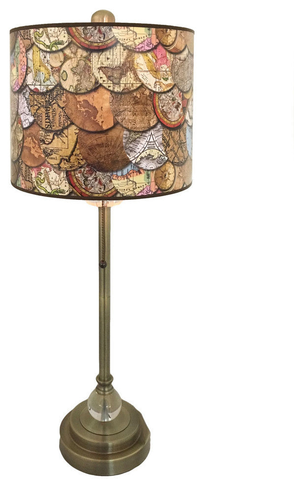 28" Crystal Buffet Lamp With Vintage Old World Maps Shade, Antique Brass, Single