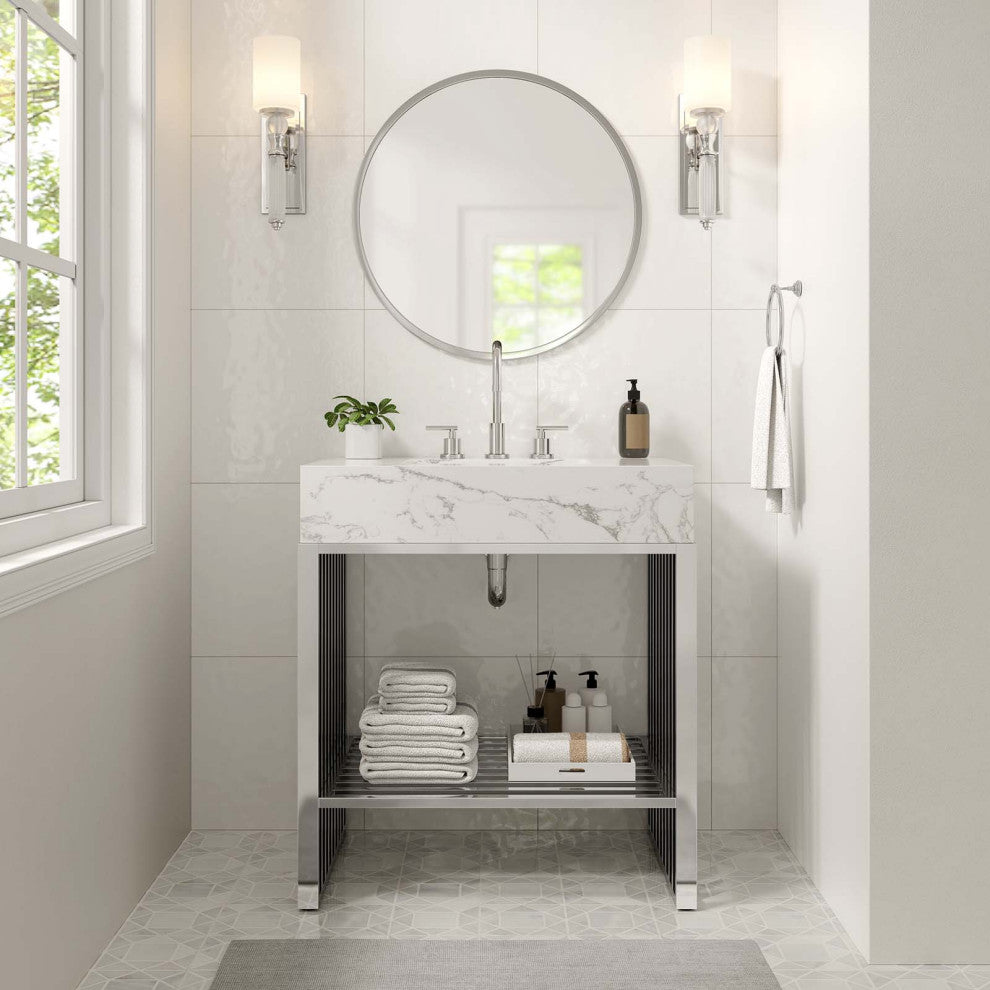 Gridiron 30" Bathroom Vanity, White Silver
