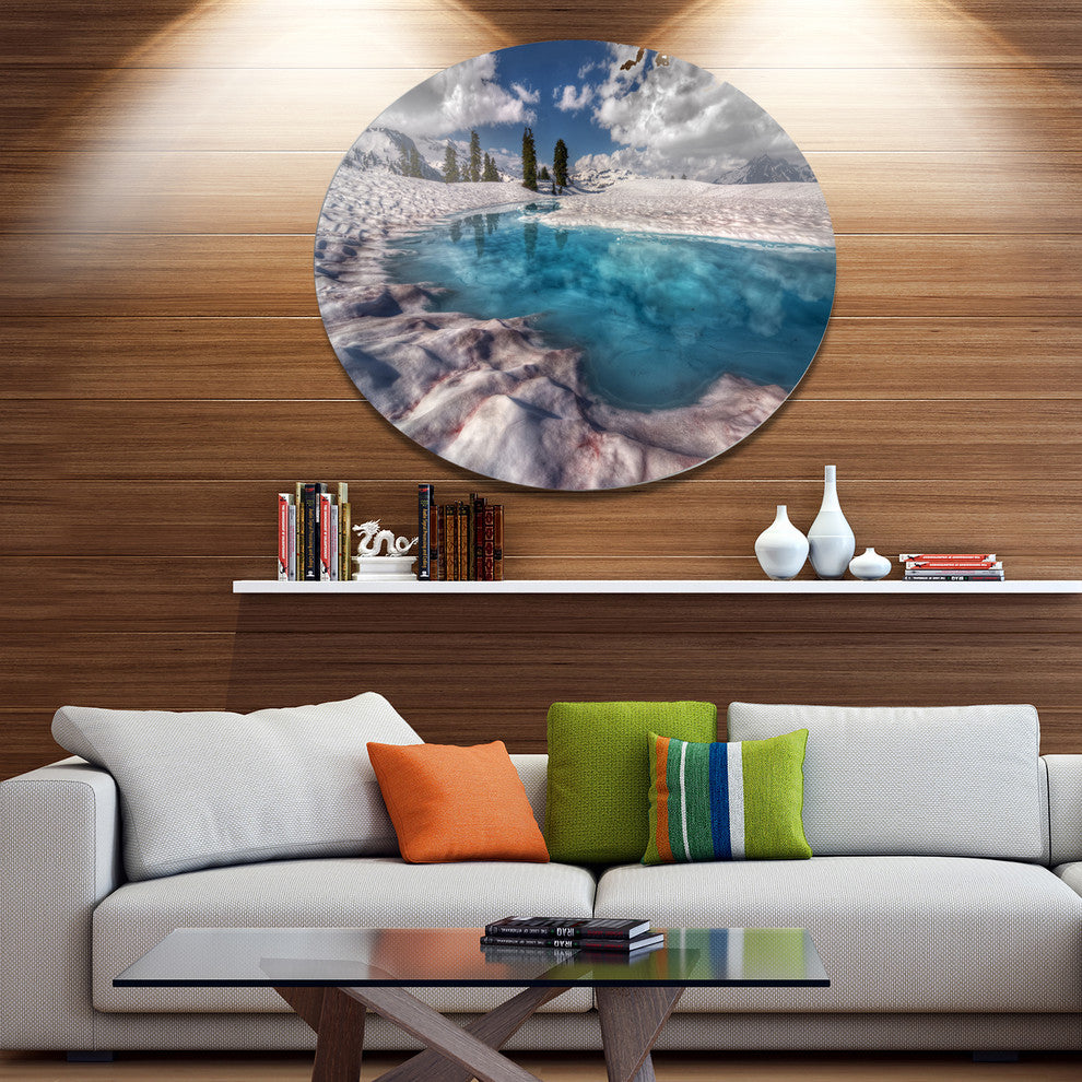Amazing Blue Melt Lake In Fog, Landscape Art Disc Metal Artwork, 23"