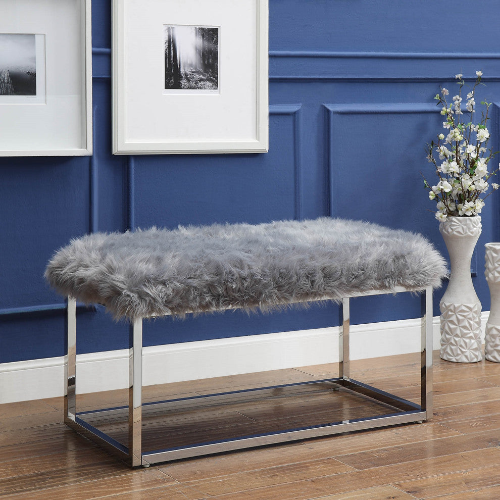 Astraea Faux Fur Metal Frame Ottoman Bench, Grey