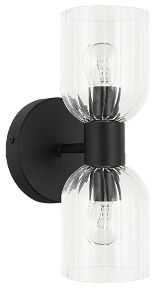 Vienna 2 Light Incandescent Wall Sconce, Matte Black, Clear Ribbed Glass