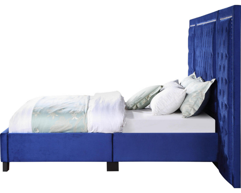 Benzara BM284036 King Size Bed, XL 3 Panel Headboard, Crystal Tufted, Blue