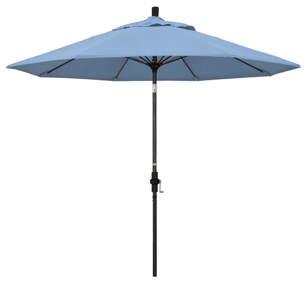 9' Matted Black Collar Tilt Lift Fiberglass Rib Aluminum Umbrella, Sunbrella, Air Blue