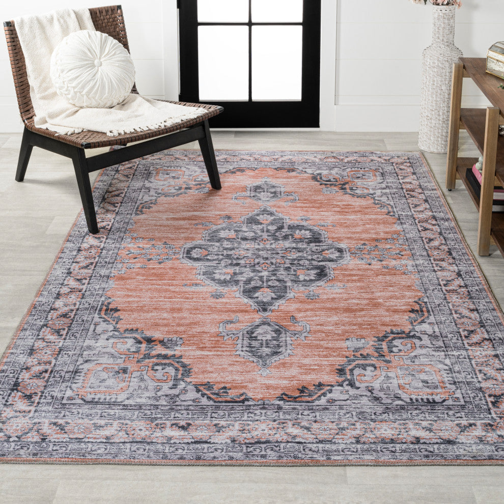 Wincer Chenille Cottage Medallion Washable Rug, Orange/Gray, 4 X 6