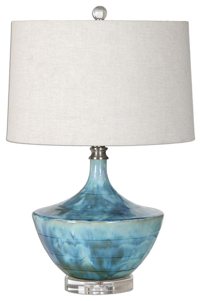 Tie Dyed Blue Ceramic Mid Century Table Lamp, Art Pottery Beige Vintage Style