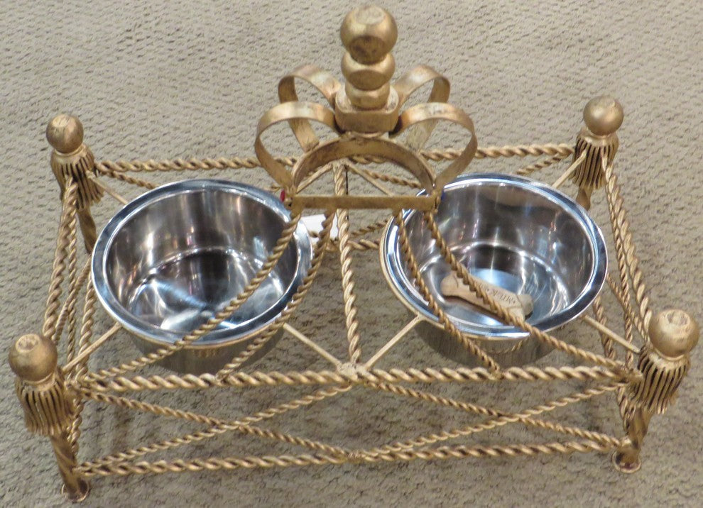 Jeweled Crown Gold Iron Dog Feeder Dish, Pet Canopy Metal Royal Bowl