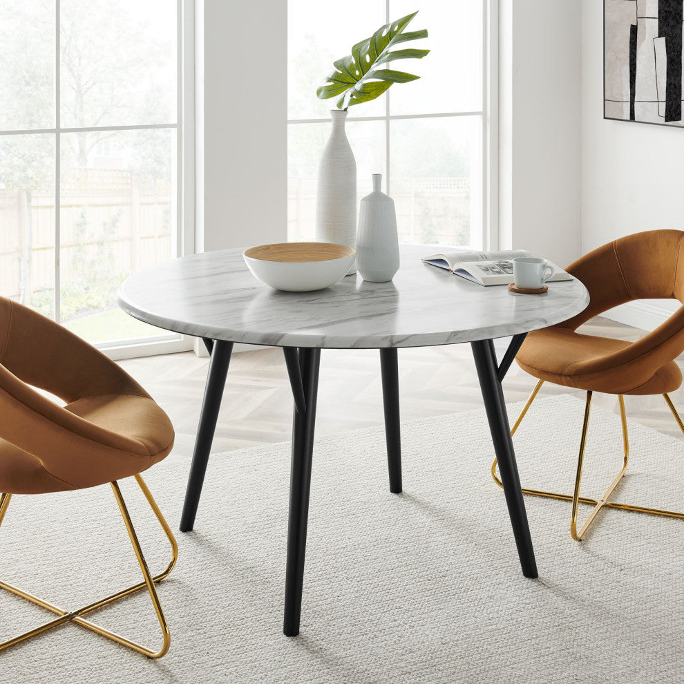 50" Dining Table, Round, White Black, Wood, Artificial Marble, Modern