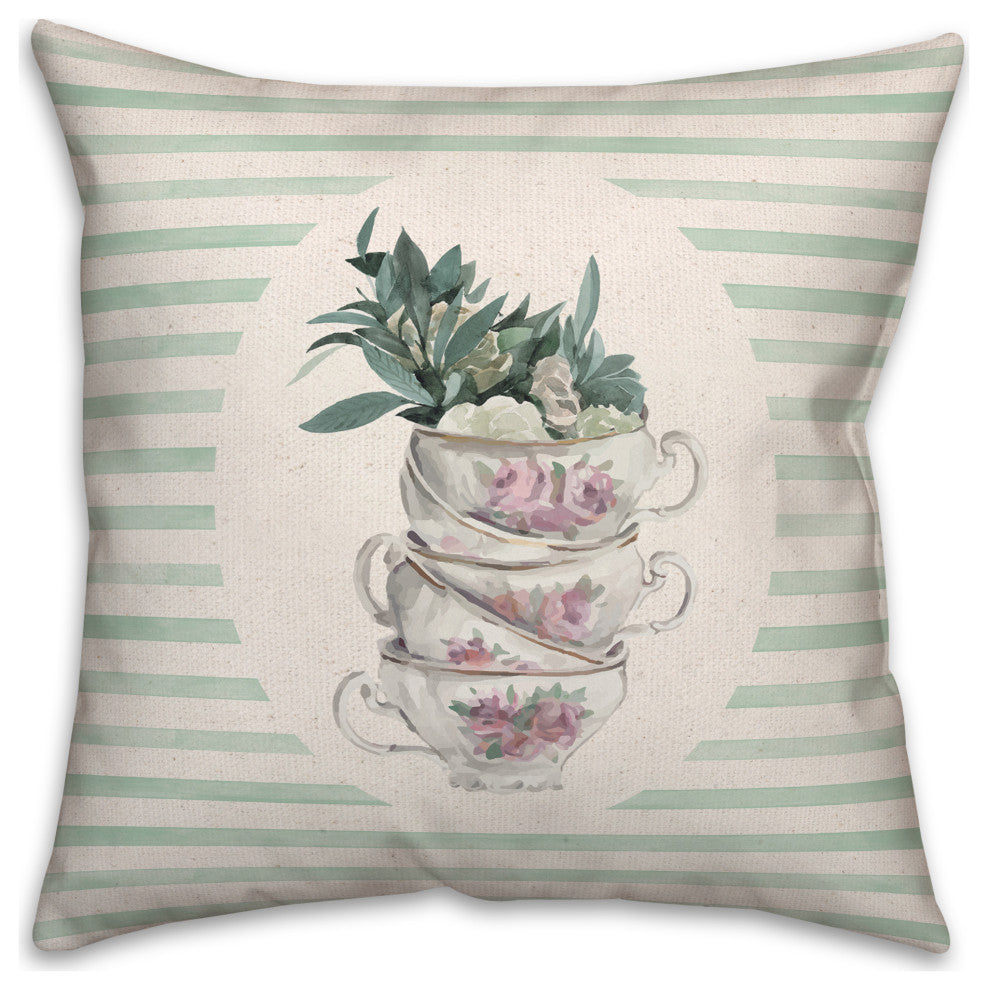 Stack Of Tea Cups Floral Stripes 3 16x16 Spun Poly Pillow