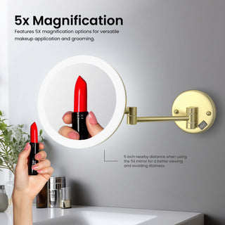 Circular LED Wall Mount One Side 5x Magnifying Make Up Mirror, Brushed Gold