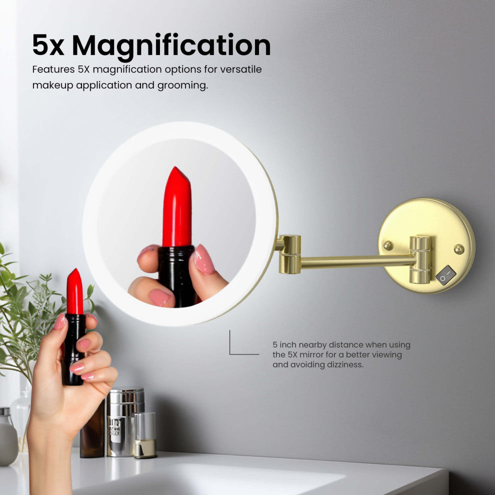 Circular LED Wall Mount One Side 5x Magnifying Make Up Mirror, Brushed Gold