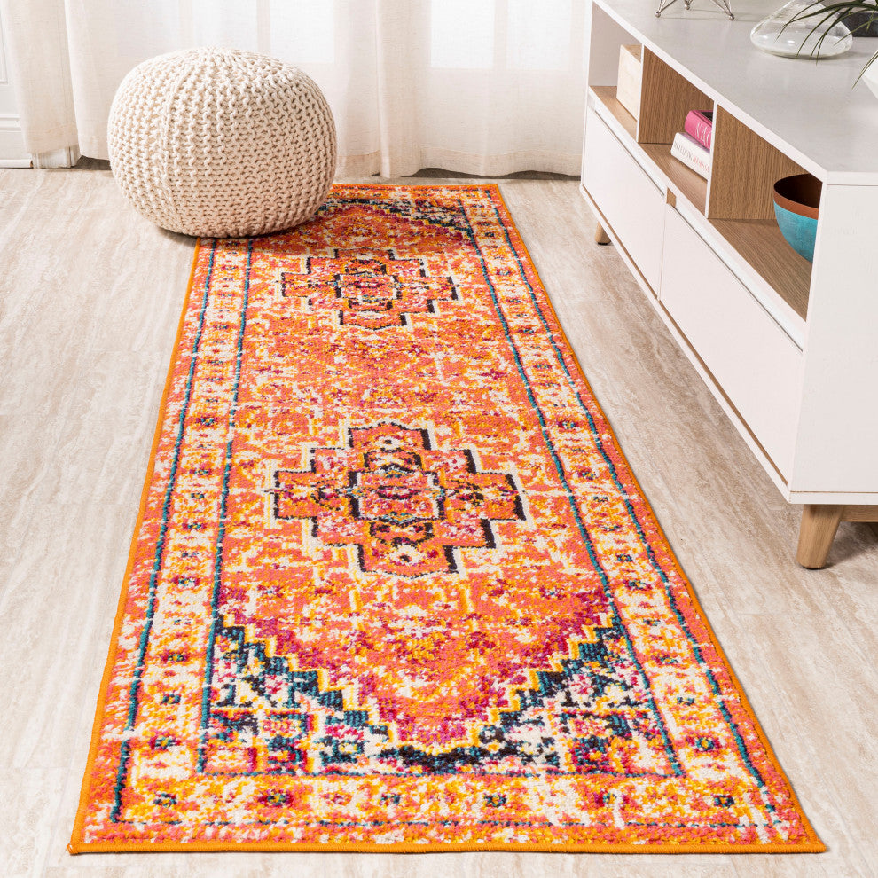 Brooklyn Geometric Medallion Area Rug, Orange/Blue, 2 X 8