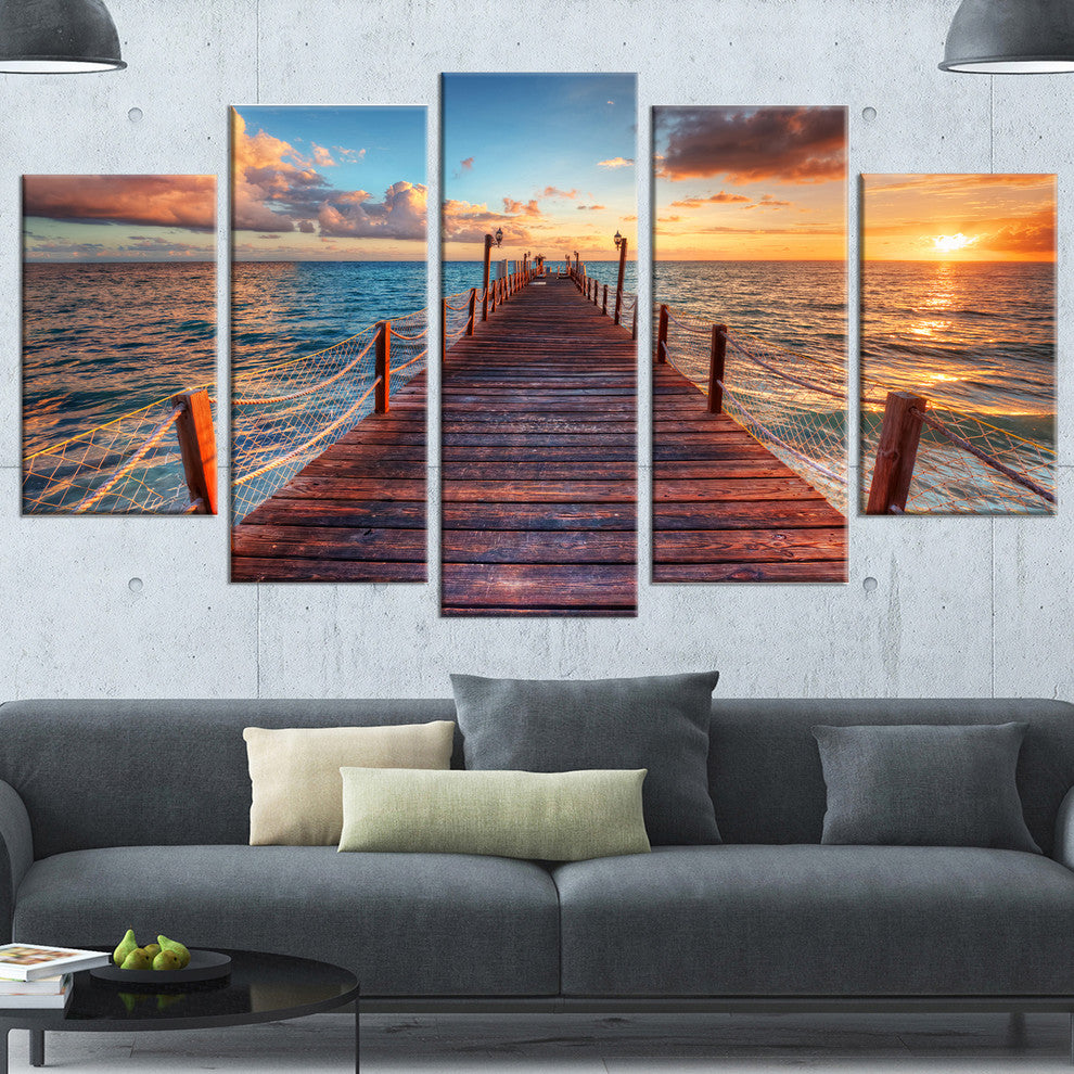 Sunset over Wooden Sea Pier, Large Modern Canvas Art Print, 60"x32", 5 Panels