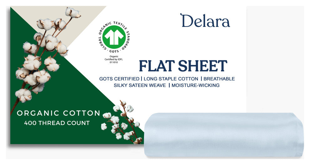 Delara GOTS Certified 100% Organic Cotton Flat Sheet 400TC, Light Blue, Queen, 96"x105"