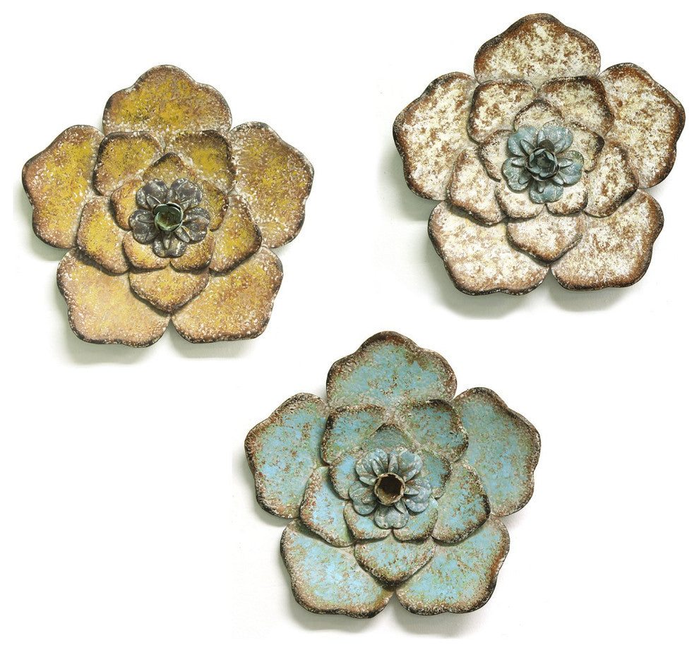 HomeRoots Set of 3 Multi-Color Chic Metal Flowers Wall Art Decor
