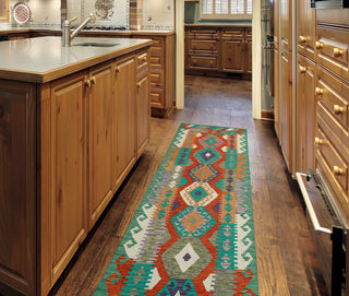 Flatweave Walton Red/Green Runner, 2'10x9'3
