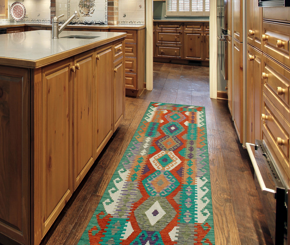 Flatweave Walton Red/Green Runner, 2'10x9'3