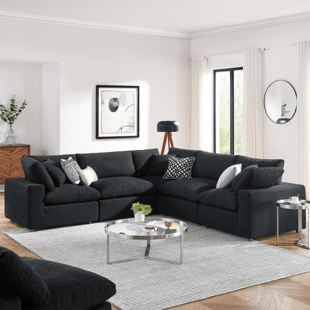 Commix Down Filled Overstuffed Boucle 5-Piece Sectional Sofa, Black