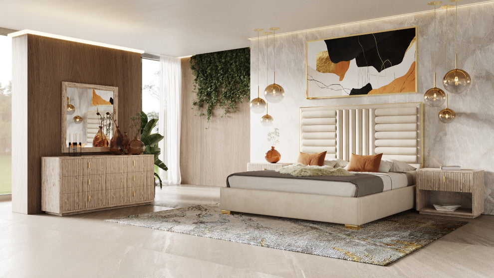 Nova Domus Daystar, Roma Beige Velvet, Travertine, Gold Bedroom Set, Eastern King
