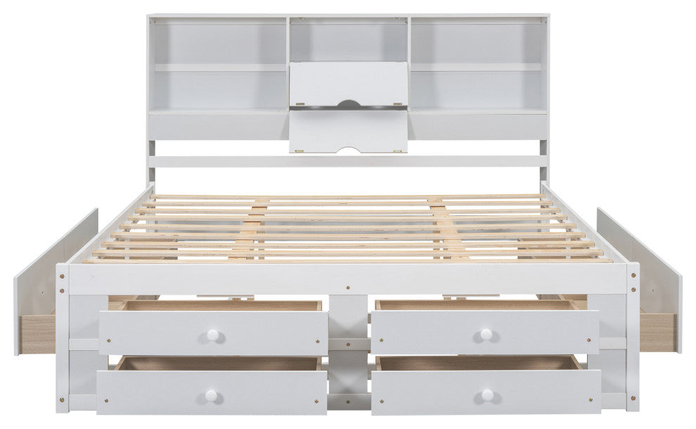 Gewnee King Size Platform Bed with Storage Headboard and 8 Drawers