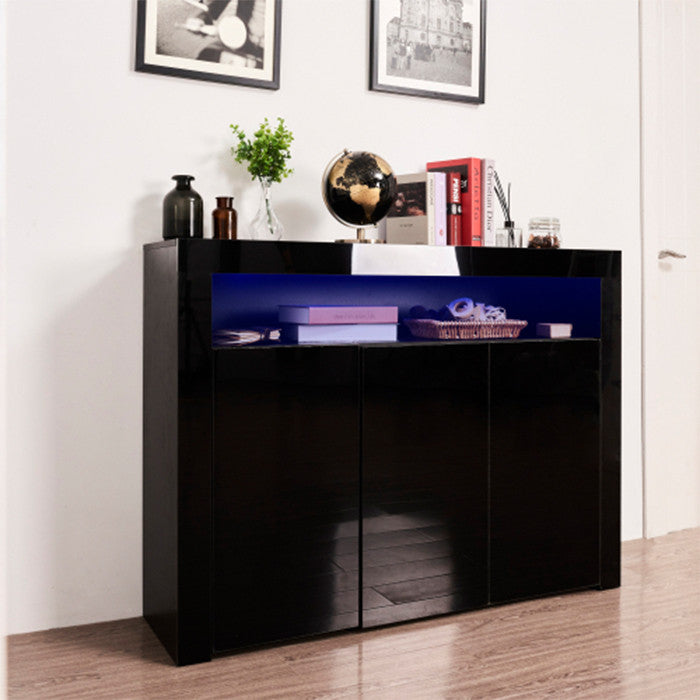 Black High Gloss Sideboard Storage Cabinet modern wood TV stand with 3 doors