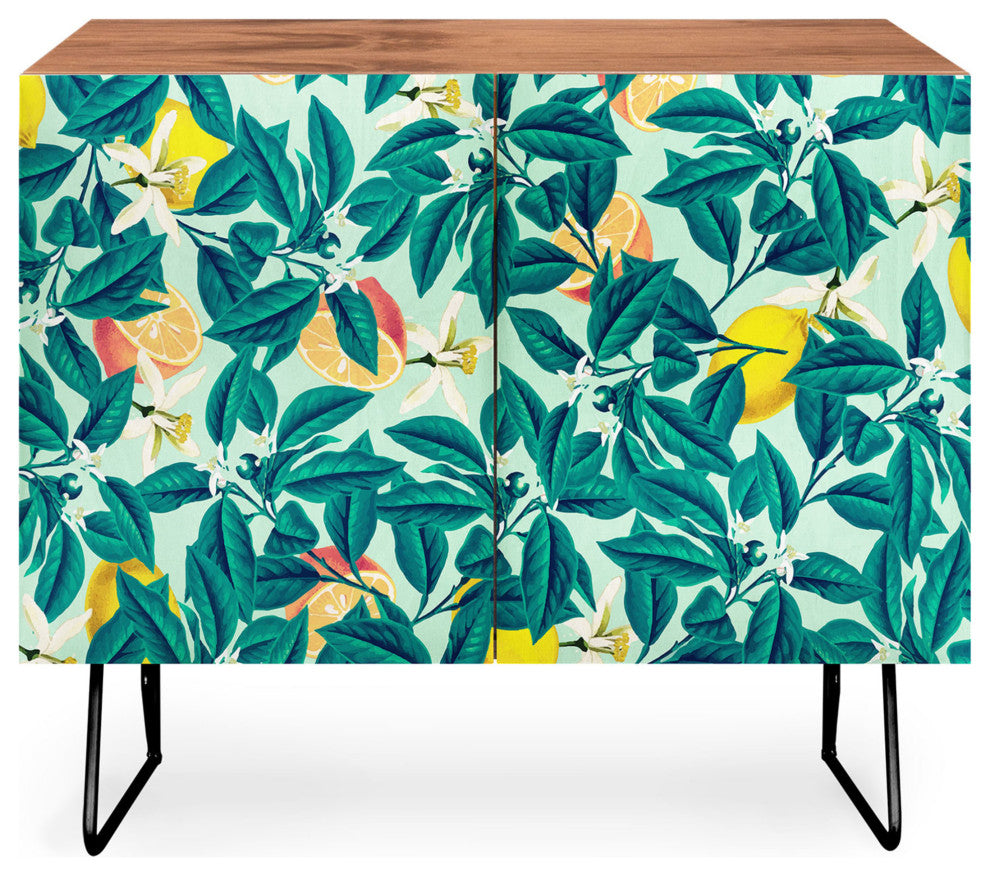 Deny Designs Lemon Pattern Credenza, Walnut, Black Steel legs