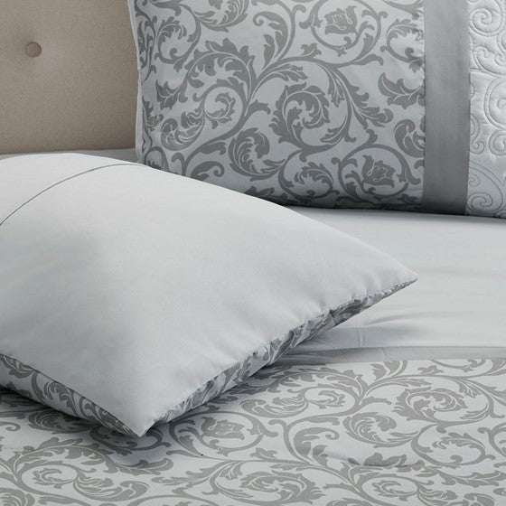 510 Design Ramsey Embroidered 8 Piece Comforter Set, Grey, Queen