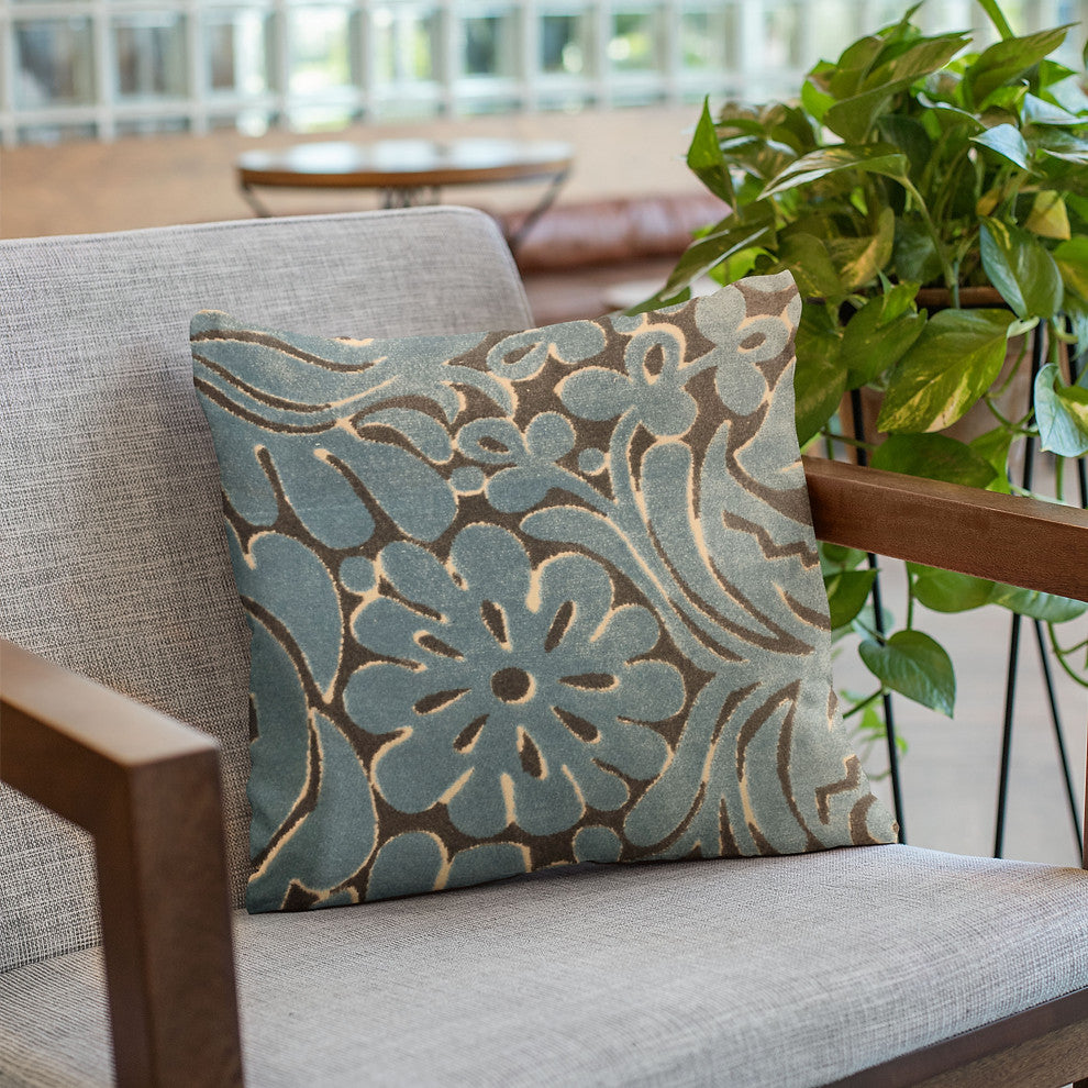 Plutus Blue Flower Velvet Paisley Luxury Throw Pillow, 12"x20"