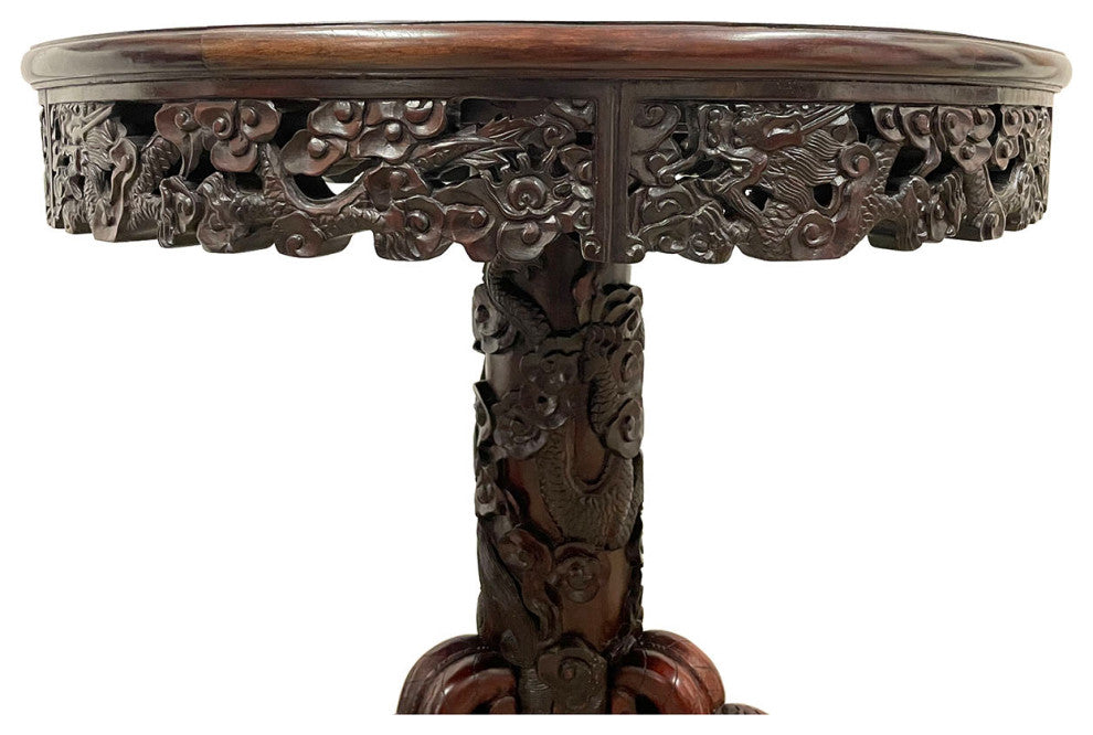 Consigned 20 Century Chinese Marble Top Hardwood Carved Round Dinning Table set