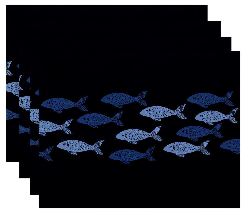 18"x14" Fish Line, Animal Print Placemat, Navy Blue, Set of 4